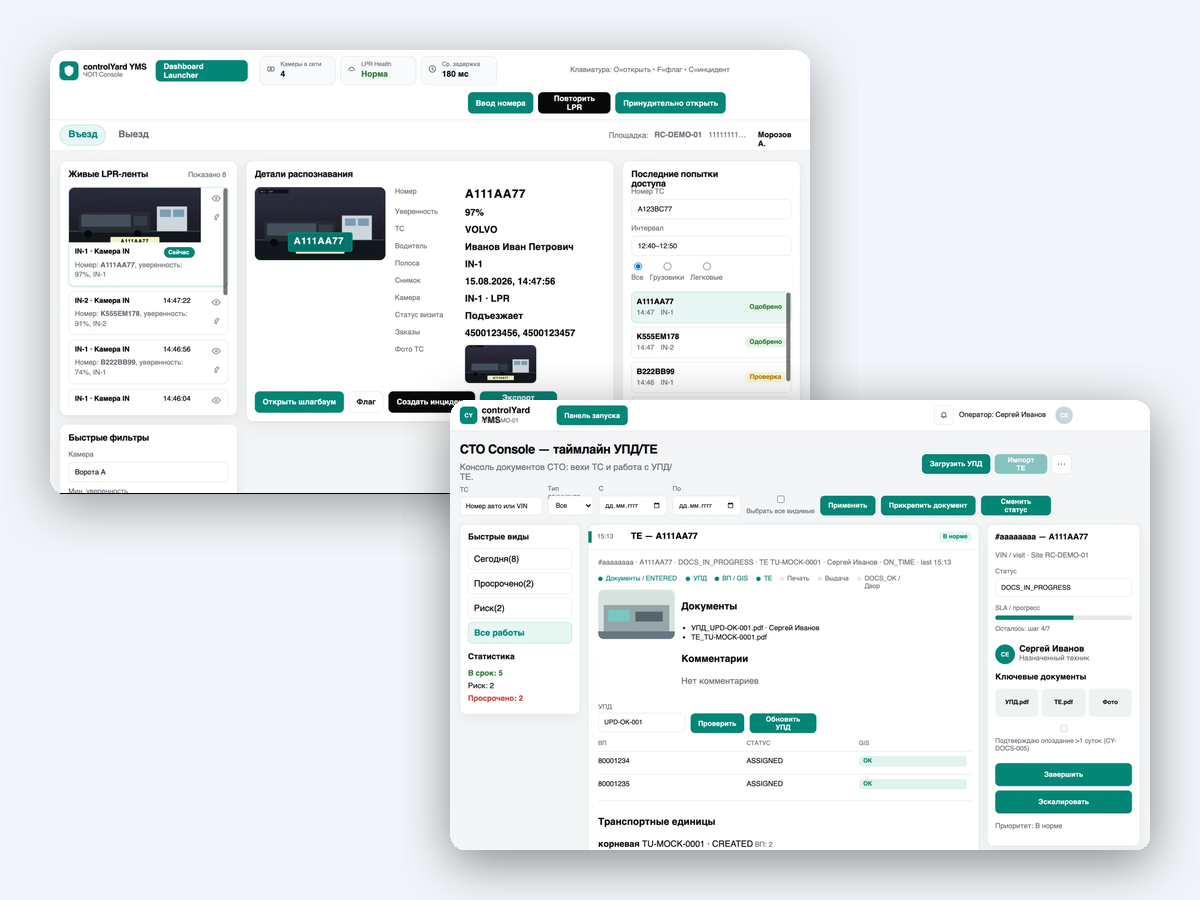 ControlYard — security console with LPR and service-station document timeline