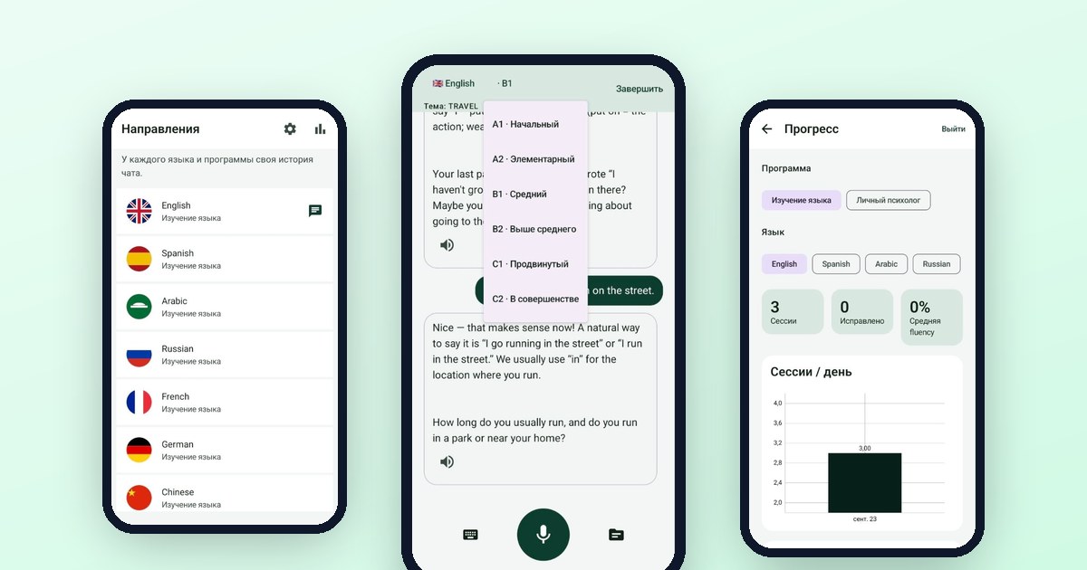 Multilingua — экраны приложения: выбор языка, диалог с AI и прогресс