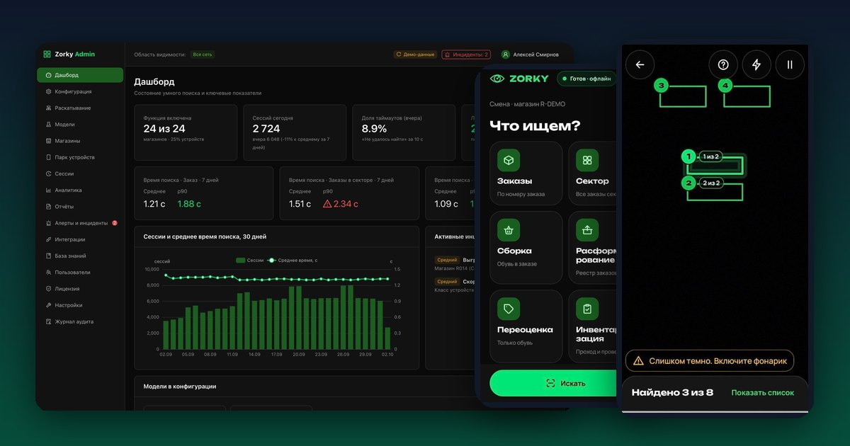Zorky — admin dashboard with metrics and the camera search module